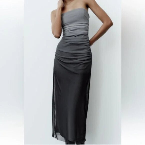 Zara Tulle Strapless Midi Dress Grey Black Ombre Size Large - Picture 2 of 10